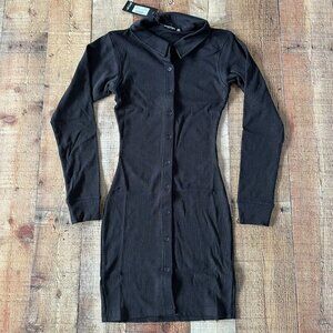 Nasty Gal Collared Wrap Wrap Side Rib Knit Mini Shirt Dress Long Sleeve black -8